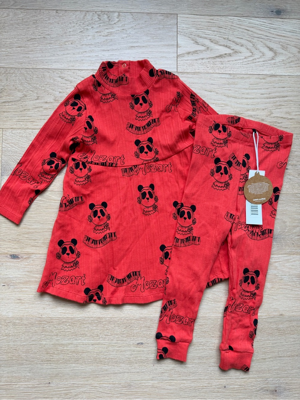 Mini Rodini Mozart Panda Ribbed Dress & NWT Leggings Set 80/86 12-18M